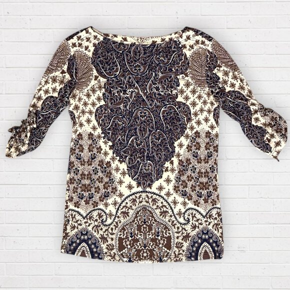 TORY BURCH Wide Neck 100% Silk Medallion Print Tunic Top Blue Brown Cream L - Picture 1 of 5